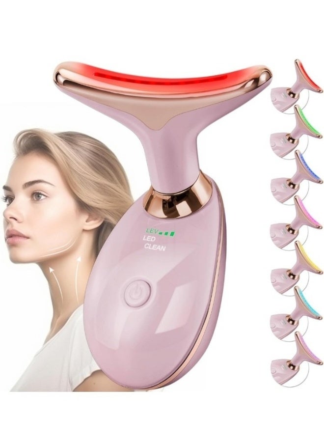 جهاز تدليك كهربائي للوجه والرقبة، مساج كهربائي للوجه والرقبة، مساج محمول عالي التردد لشد الوجه بالتدليك الحراري عالي التردد، علاج بالضوء الأحمر للوجه والرقبة، جهاز تدليك الوجه EMS للوجه مع 7 ألوان وردى - Image 1